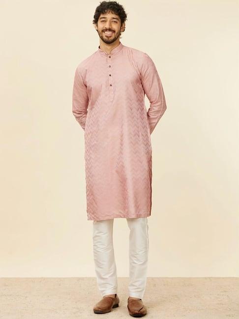 manyavar peach & cream regular fit embroidered kurta bottom set