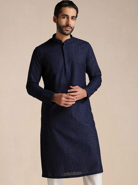 manyavar blue regular fit embroidered kurta