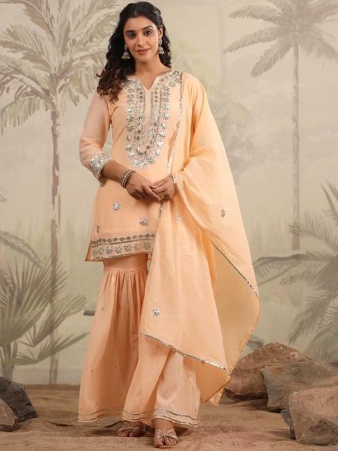 scakhi peach cotton embellished kurti sharara set with dupatta