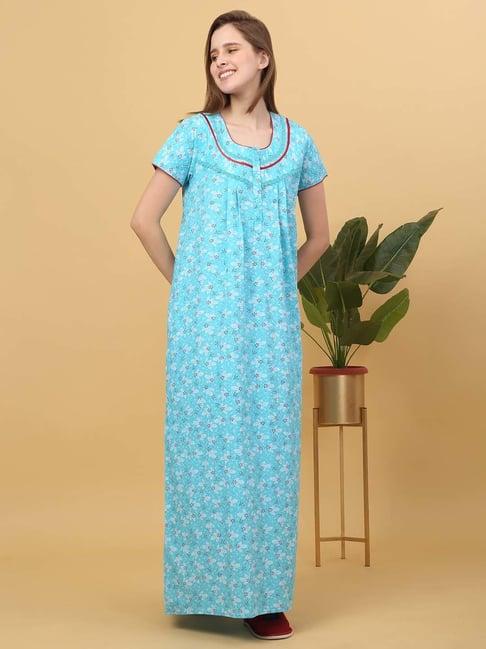 sweet dreams sky blue cotton floral print nighty