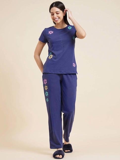 sweet dreams navy cotton floral print t-shirt pyjama set