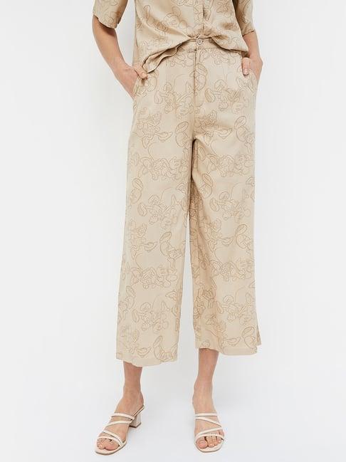 ginger by lifestyle light brown cotton printed regular fit mid rise pants