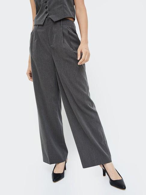 code by lifestyle grey striped regular fit mid rise trousers