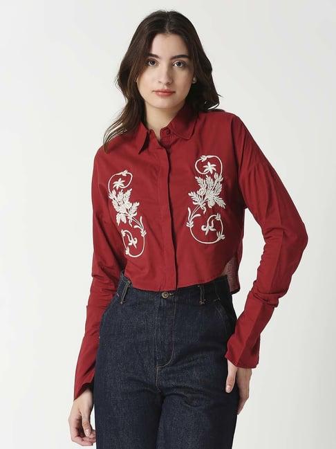 remanika maroon cotton embroidered shirt