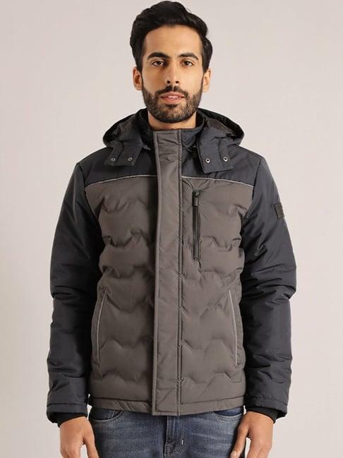 indian terrain grey regular fit colour block quilted jacket