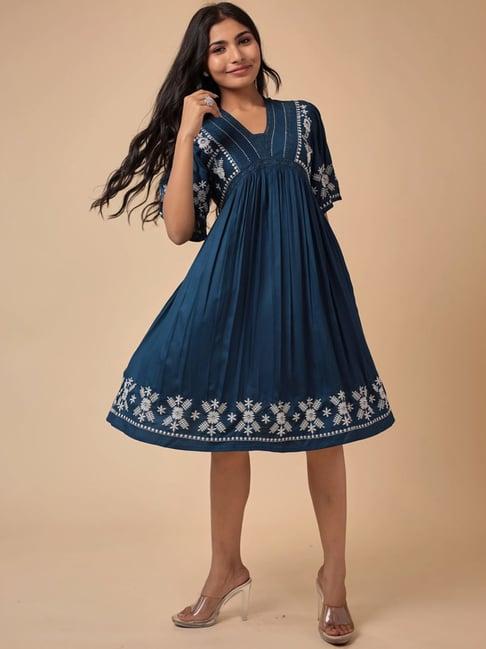 zari jaipur blue cotton embroidered a-line dress