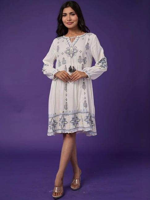 zari jaipur white cotton embroidered a-line dress