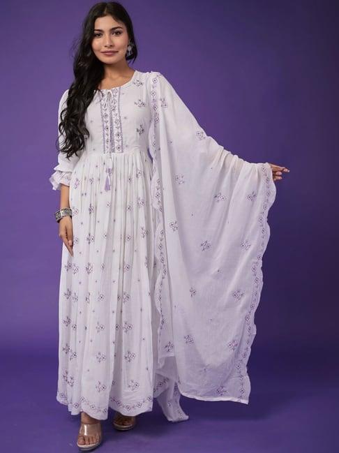 zari jaipur white & purple cotton embroidered kurta pant set with dupatta