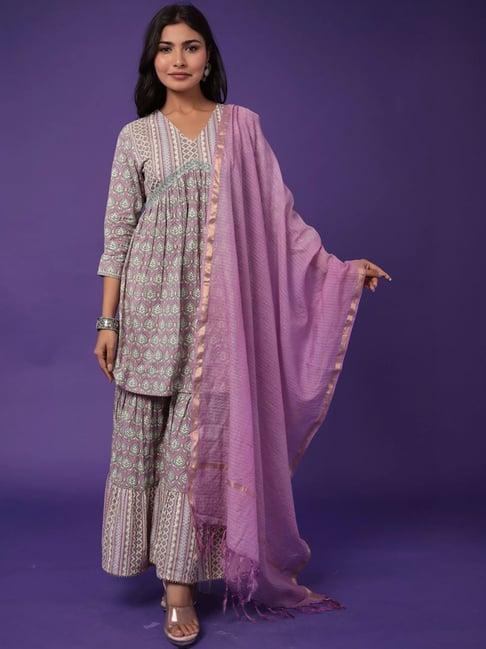 zari jaipur purple cotton printed kurti sharara set