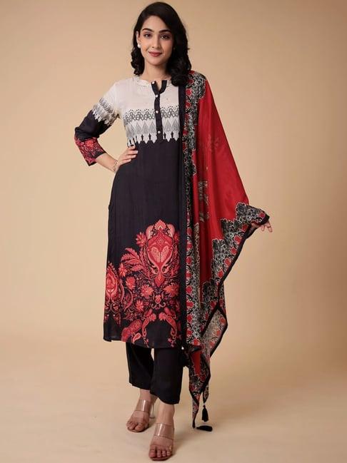 zari jaipur black printed kurta pant set with dupatta