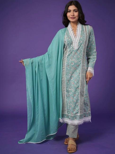 zari jaipur green cotton printed kurta pant set