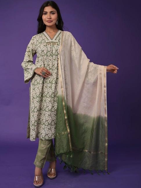 zari jaipur green cotton printed kurta pant set