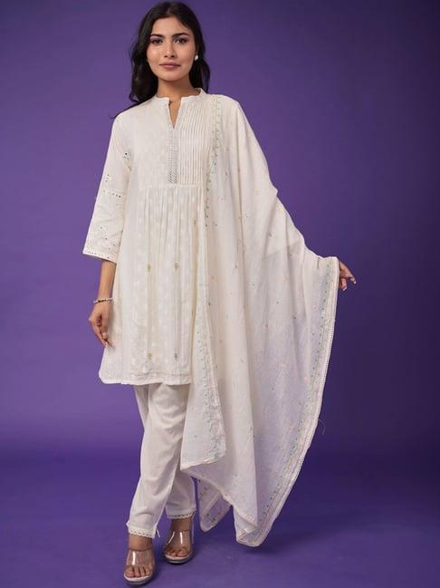 zari jaipur off-white cotton embroidered kurta pant set with dupatta