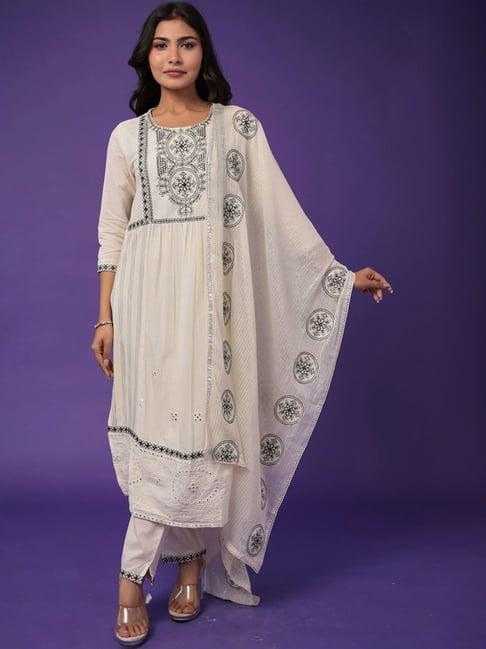 zari jaipur off-white cotton embroidered kurta pant set with dupatta