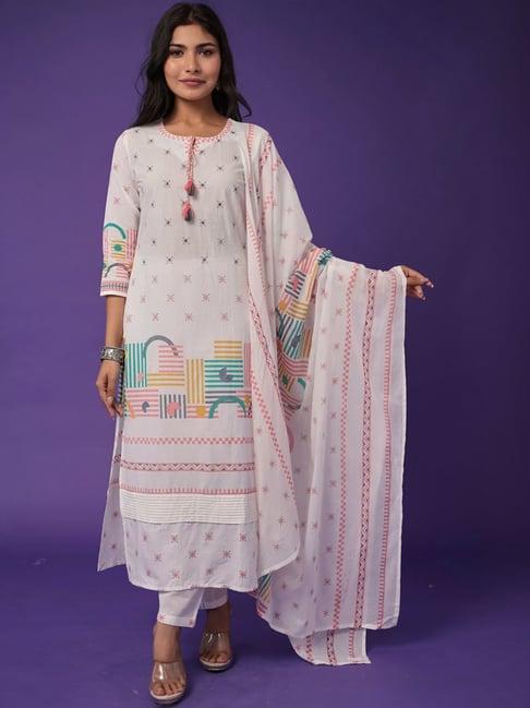 zari jaipur white & peach cotton printed kurta pant set with dupatta