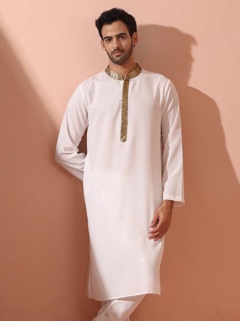 swtantra white regular fit embellished kurta