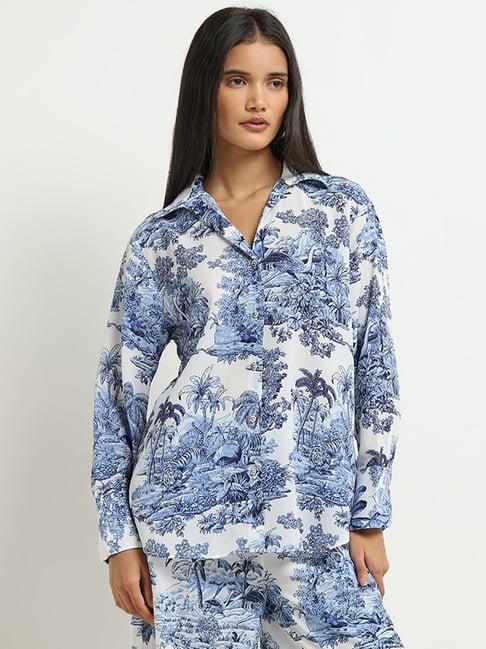 wardrobe by westside ivory & blue foliage printed shirt