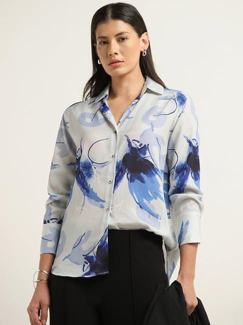 wardrobe by westside ivory & navy abstract printed shirt