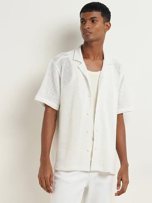 nuon by westside off-white knit-textured relaxed-fit shirt