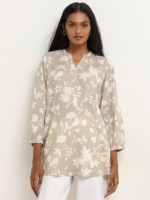 utsa by westside beige floral printed straight kurti