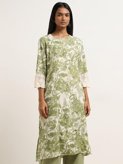 utsa by westside green ikat printed a-line cotton kurta