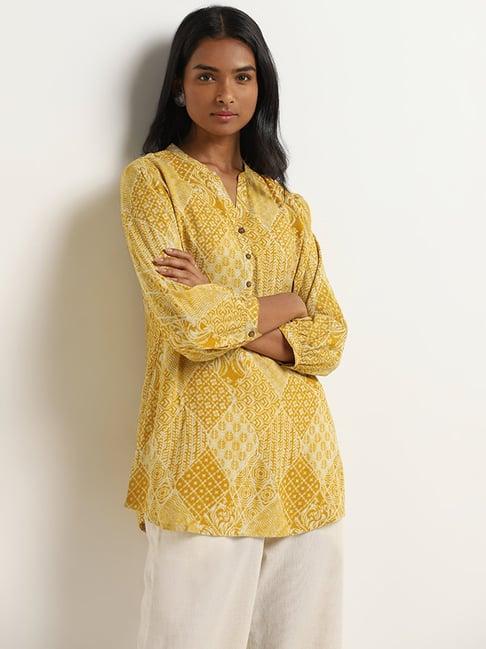 utsa by westside yellow diamond-block printed straight kurti