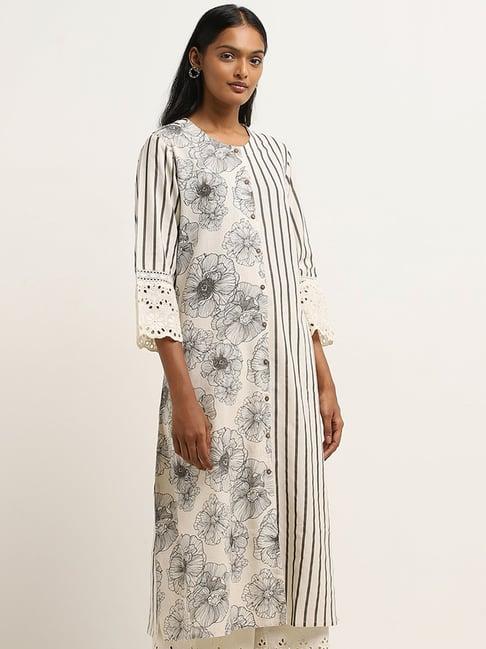 utsa by westside beige striped & floral print a-line cotton blend kurta