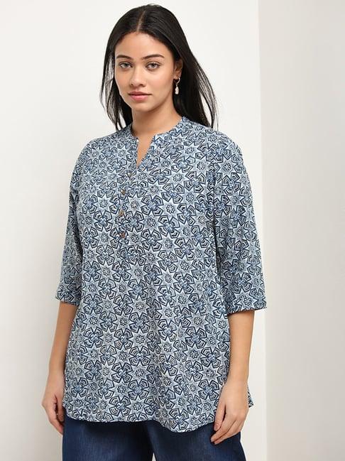 diza by westside indigo geometric printed straight kurti