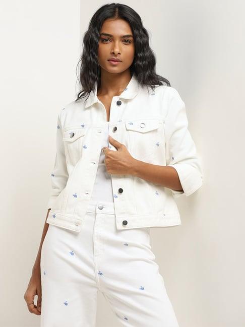 lov by westside white ditsy floral print denim jacket