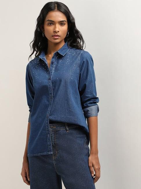 lov by westside dark blue diamante detailed denim shirt