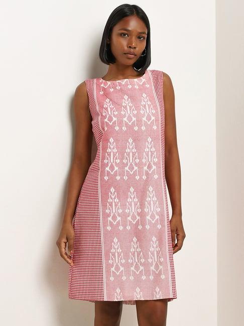 bombay paisley by westside red ikat-printed straight cotton blend dress