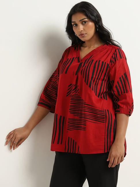 gia by westside dark red abstract printed cotton blouse