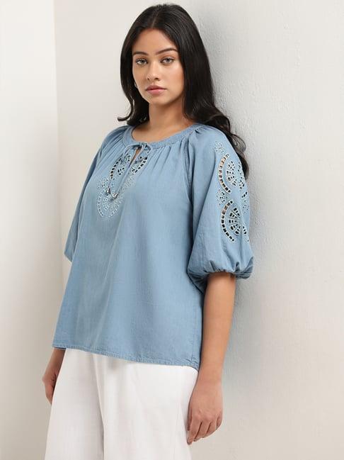 gia by westside light blue cut-out detailed cotton blouse