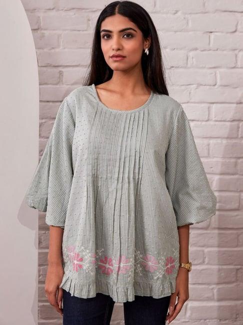 autumnlane green konkana fern cotton embroidery top