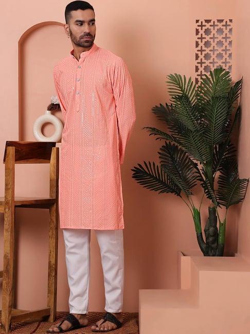 jompers peach ragular fit embroidered kurta bottom set