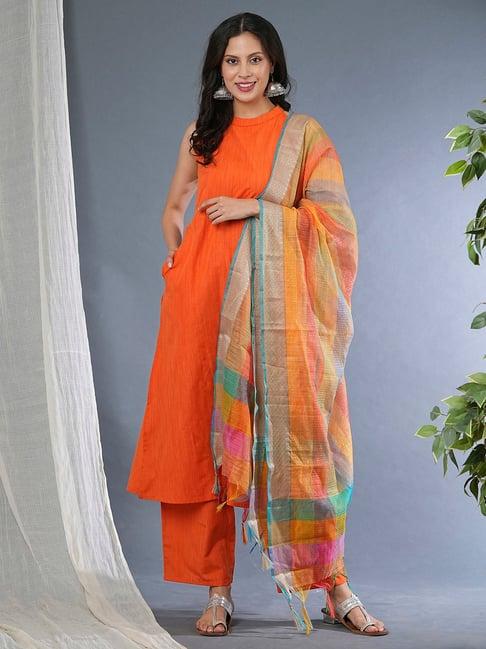 globus orange cotton regular fit kurta with pants & dupatta