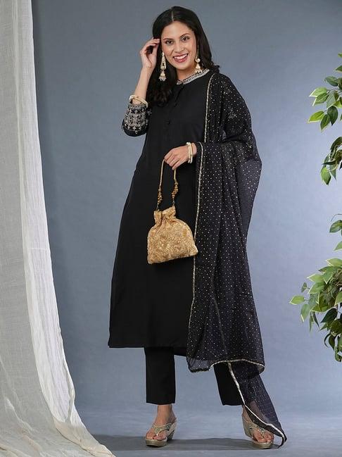 globus black & silver embellished kurta with pants & dupatta