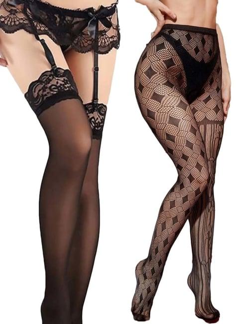 secrets by zerokaata black self pattern pantyhose stockings - pack of 2