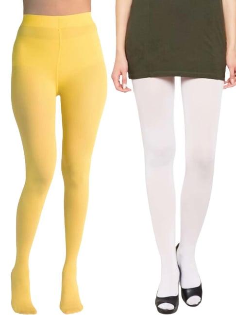 secrets by zerokaata yellow & white plain pantyhose stockings - pack of 2