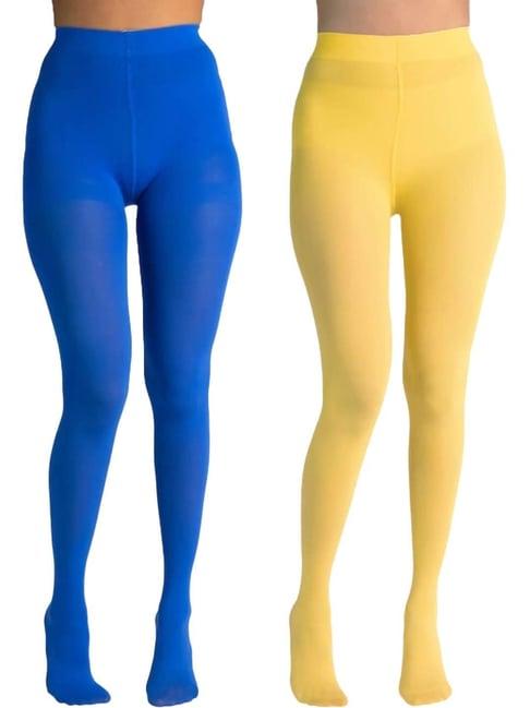 secrets by zerokaata blue & yellow plain pantyhose stockings - pack of 2