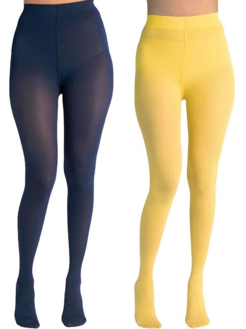 secrets by zerokaata yellow & navy plain pantyhose stockings - pack of 2