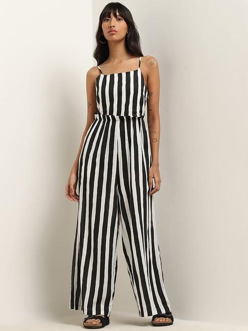 bombay paisley by westside black & white striped jumpsuit