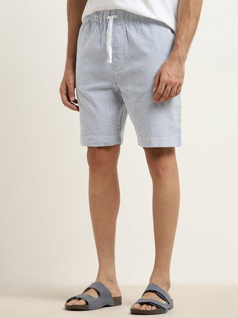 wes lounge by westside blue striped relaxed-fit mid-rise cotton shorts