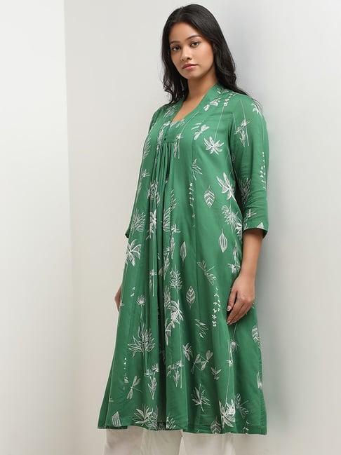 diza by westside green foliage printed a-line cotton kurta