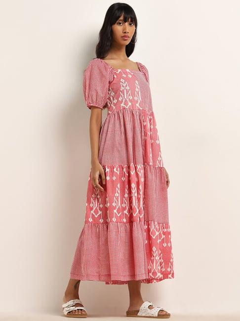 bombay paisley by westside red ikat patterned tiered cotton dress