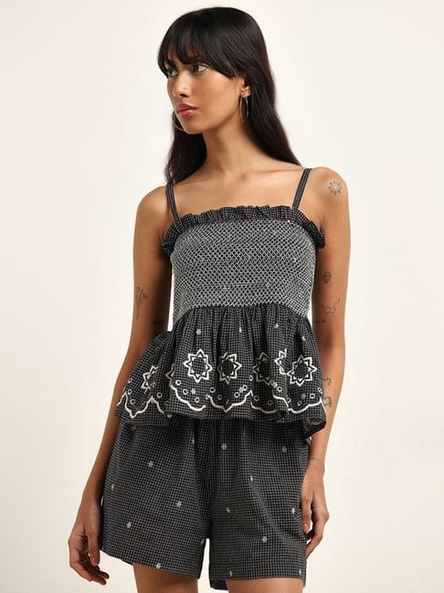 bombay paisley by westside black checkered design peplum cotton top