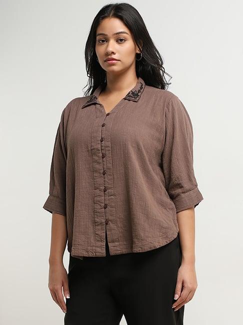 gia by westside brown embroidered high-low cotton blouse