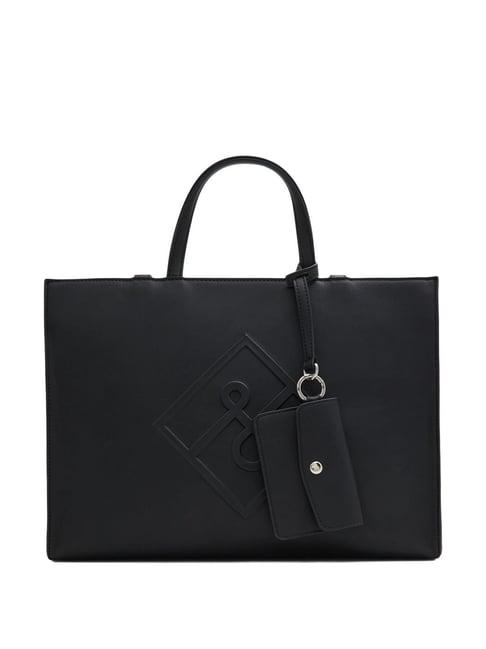 call it spring black textured large tote handbag