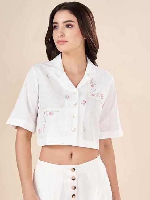 akkriti by pantaloons snow white cotton embroidered crop shirt