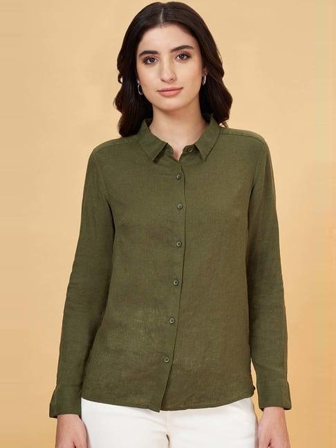 annabelle by pantaloons forest green linen shirt